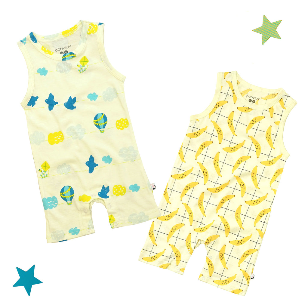 Babysoy organic baby & Toddler Summer Pattern Tank Romper in summer treat sky and bananas 18-24months