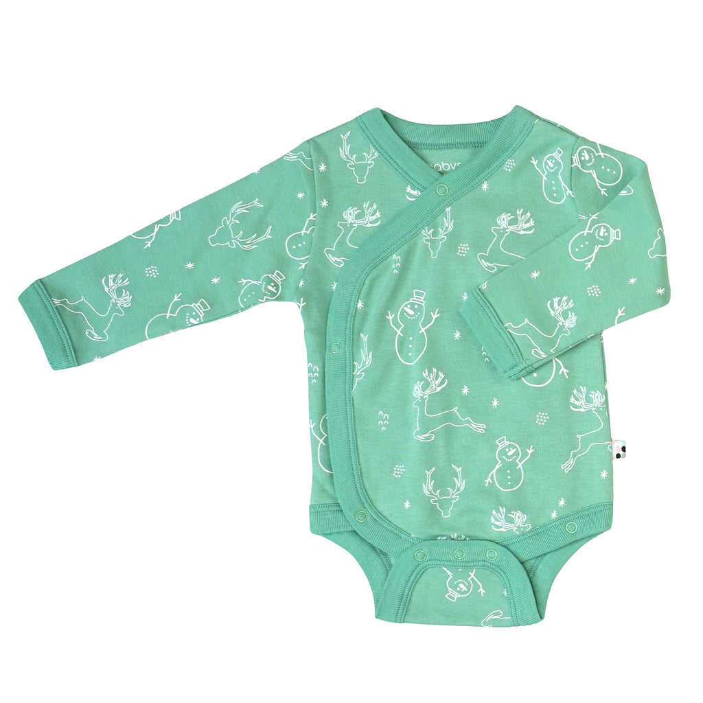 Organic Pattern Long Sleeve Baby Kimono Bodysuit/Onesie in snow green 0-3 Months