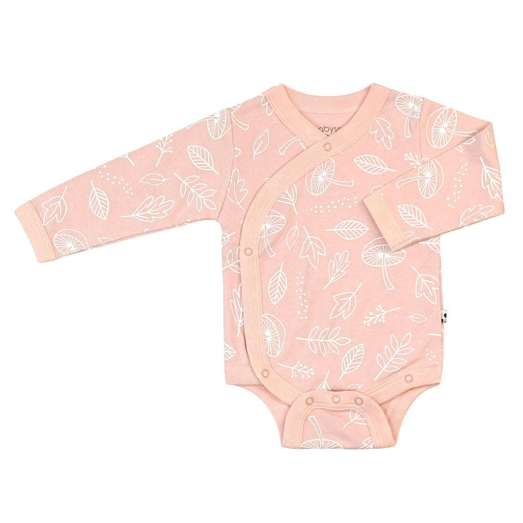 Organic Pattern Long Sleeve Baby Kimono Bodysuit/Onesie in leaf pink 0-3 Months