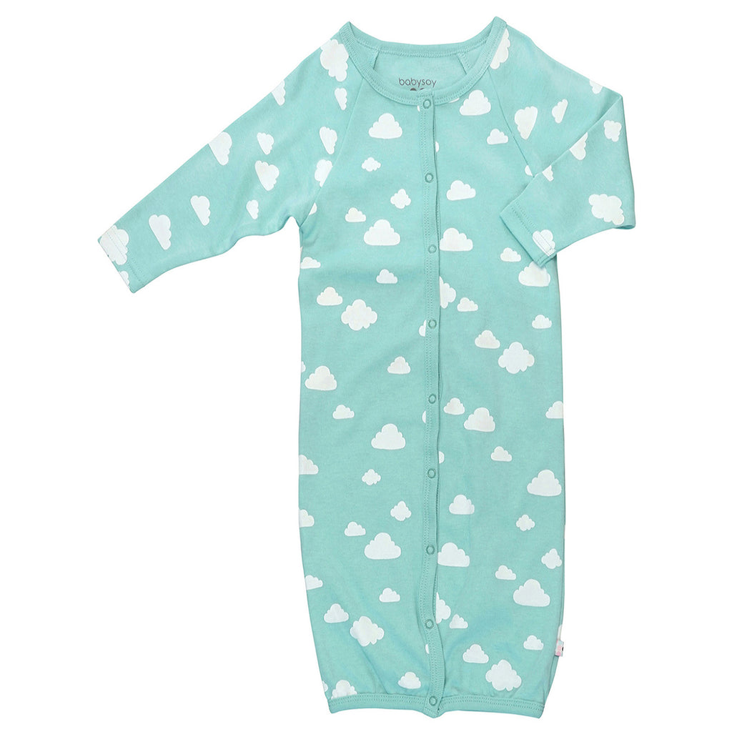 Baby snap gown sleep sack with clouds pattern print in harbor blue color with mittens