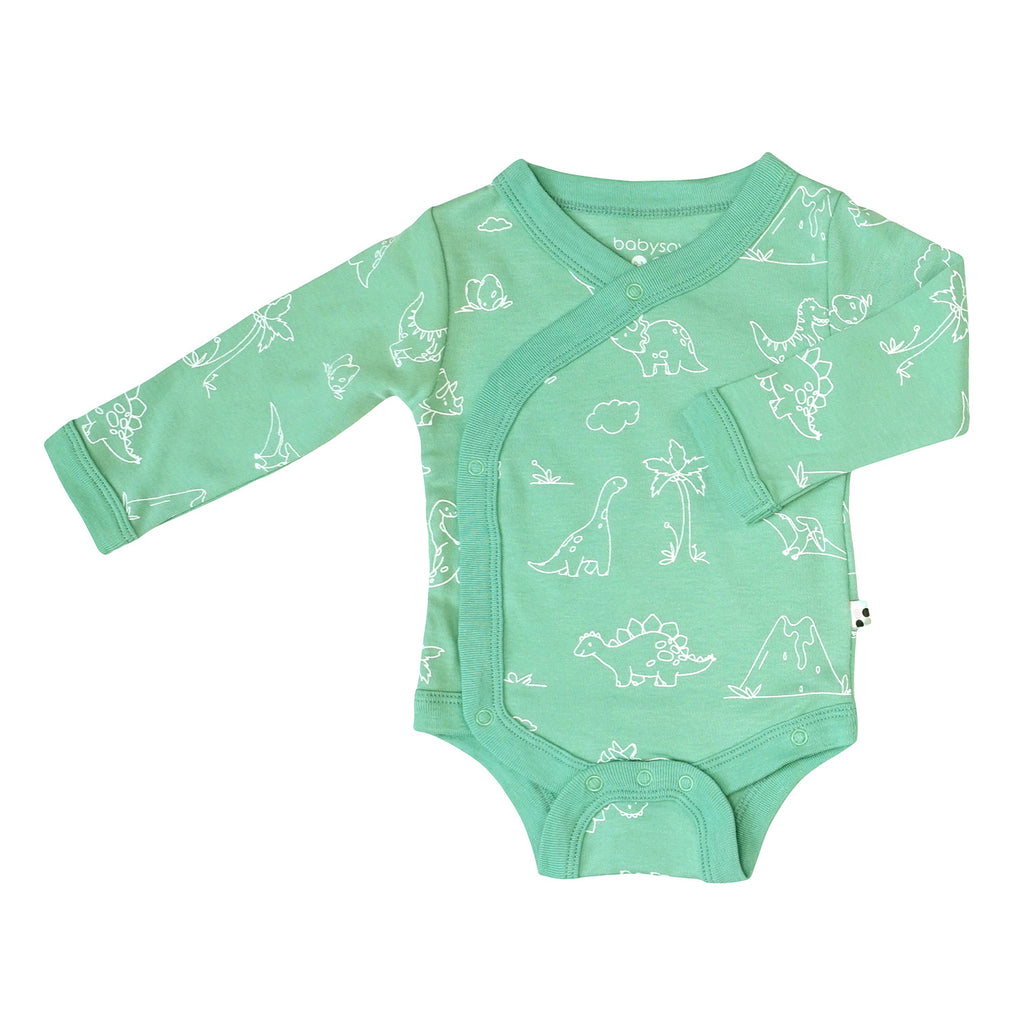 Organic Pattern Long Sleeve Baby Kimono Bodysuit/Onesie in dinosaurs 0-3 Months