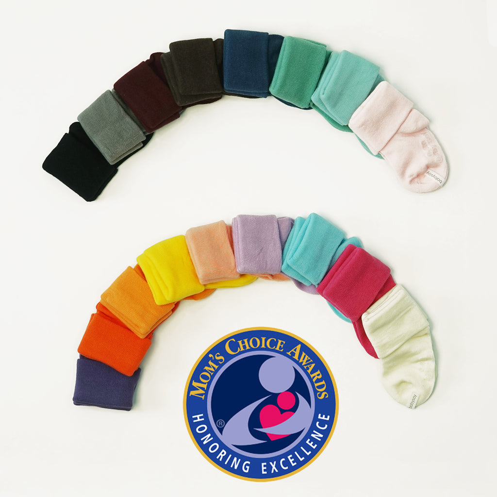 Mom's Choice Award winning Best Baby Organic Socks solid colors 0-6 months with grip in 16 colors
