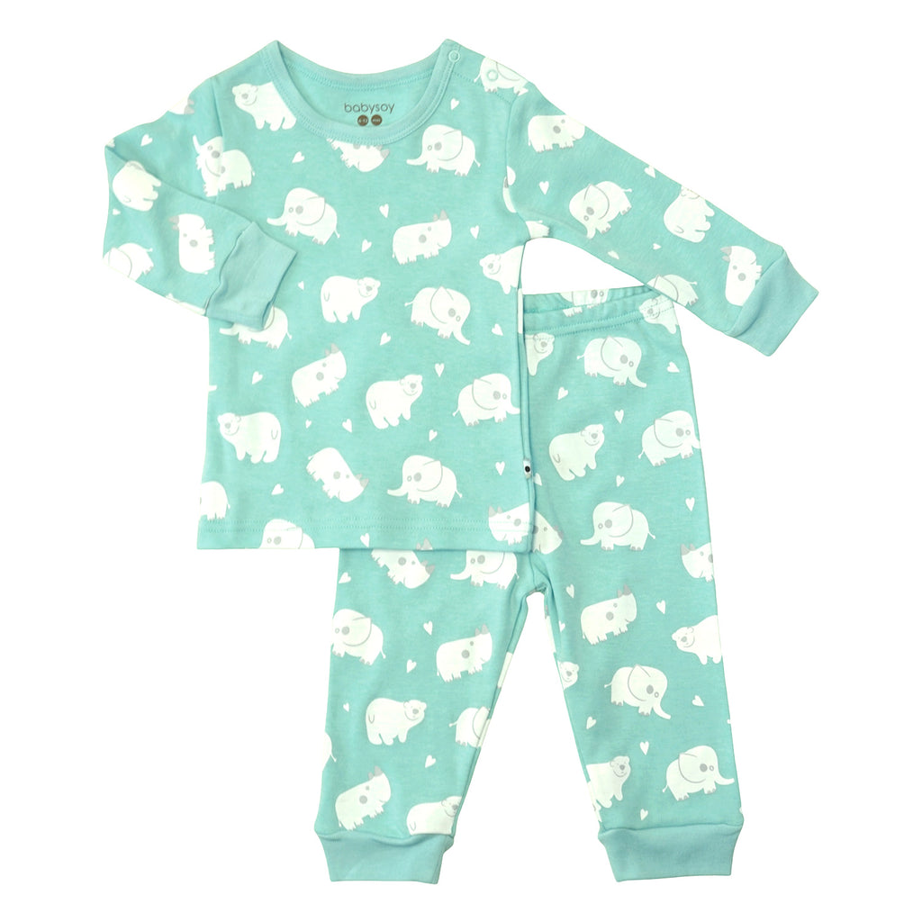 organic soybean fiber baby toddler long sleeve pajamas set animal pattern harbor blue 18-24 Months