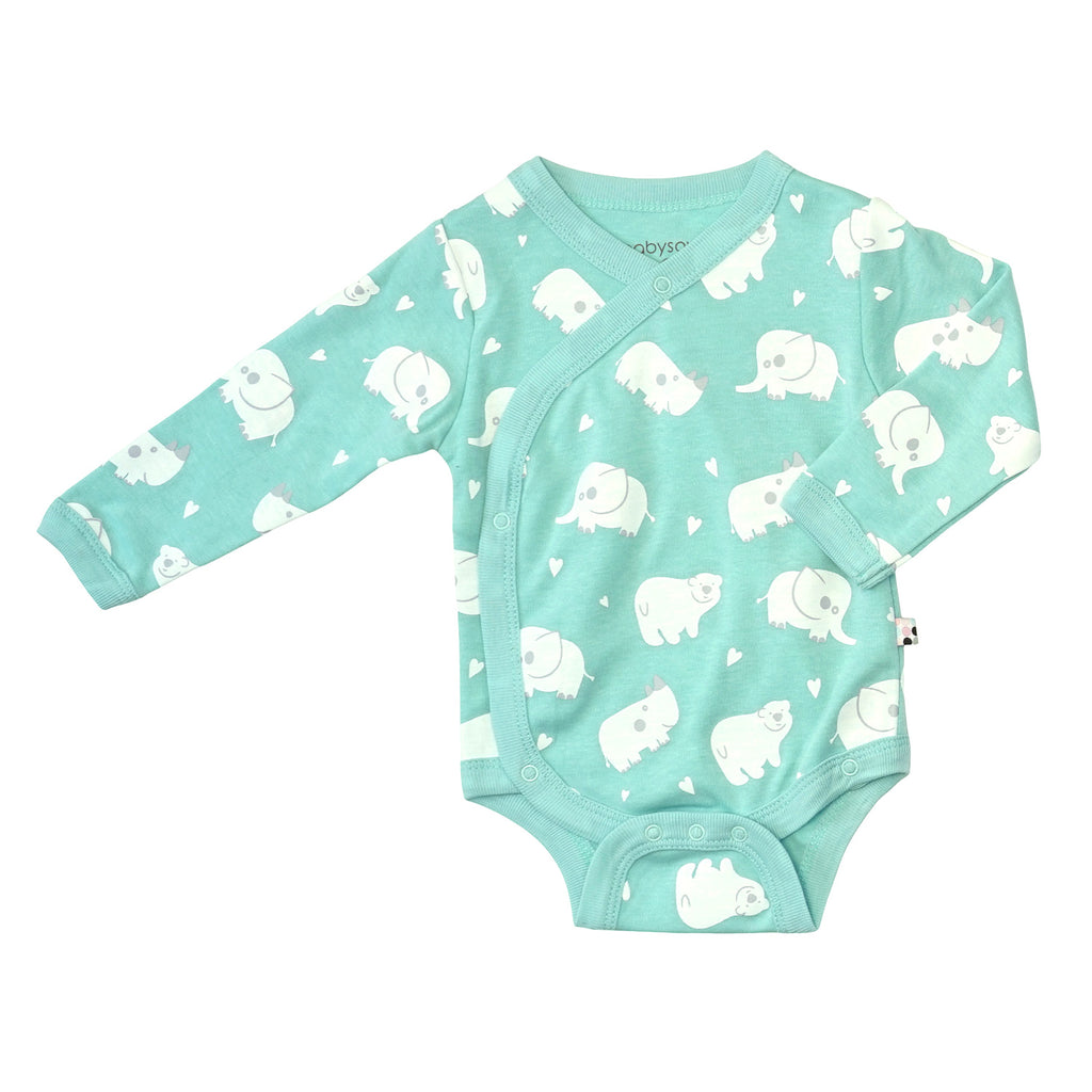 Organic Elephant Print Pattern Long Sleeve Baby Kimono Bodysuit/Onesie in Harbor Blue