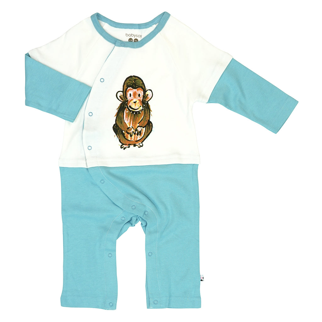 BABYSOY baby boy long sleeve kimono wrap side snap romper blue chimp 12-18 months