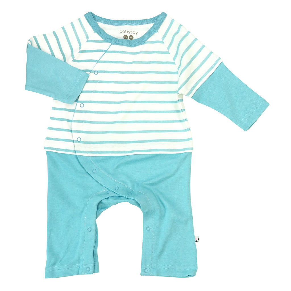 BABYSOY baby boy long sleeve kimono wrap side snap romper stripe blue 3-6 months