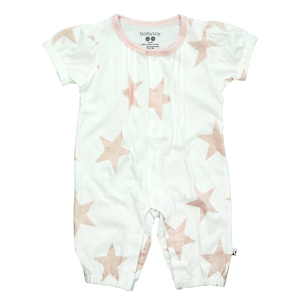 babysoy organic short sleeve baby girl summer romper in pink star