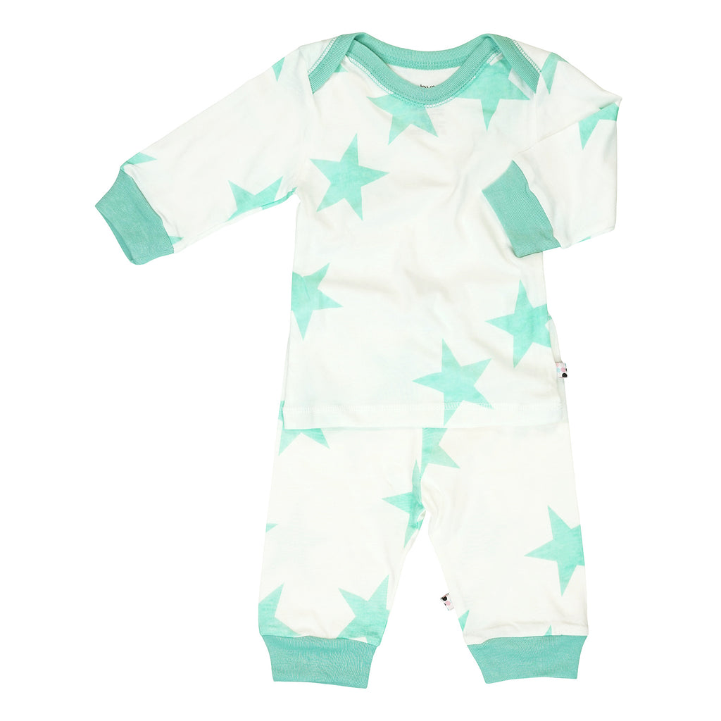 Babysoy baby toddler unisex Lightweight Organic Lounge PJS Pajamas Set blue green 6-12 months
