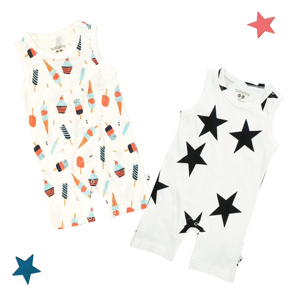 Babysoy organic baby & Toddler Summer Pattern Tank Romper in summer treat ice cream and  pirate star 0-3 months