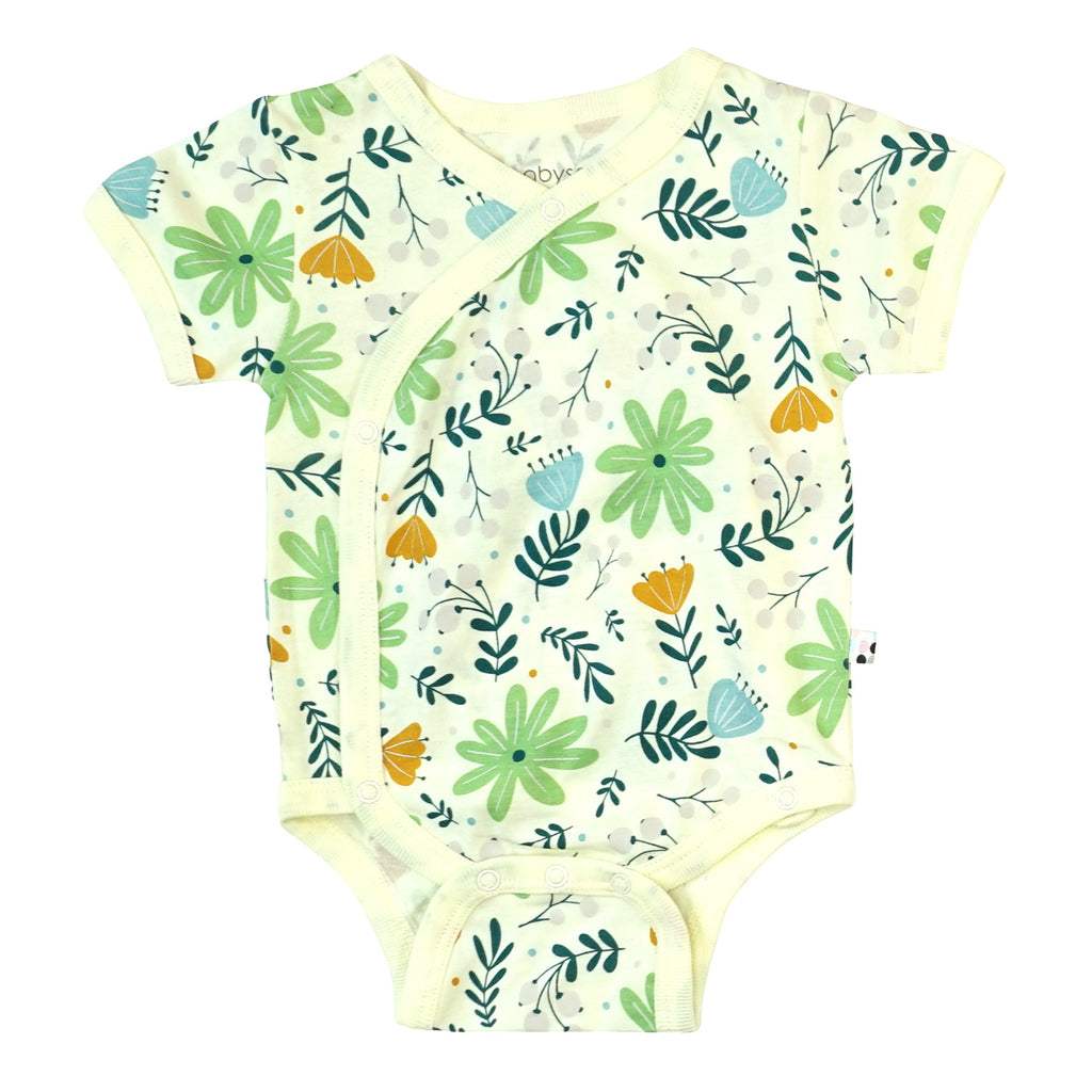 Babysoy organic pattern prints baby Kimono wrap around Short Sleeve onesie/Bodysuit flowers 3-6 months