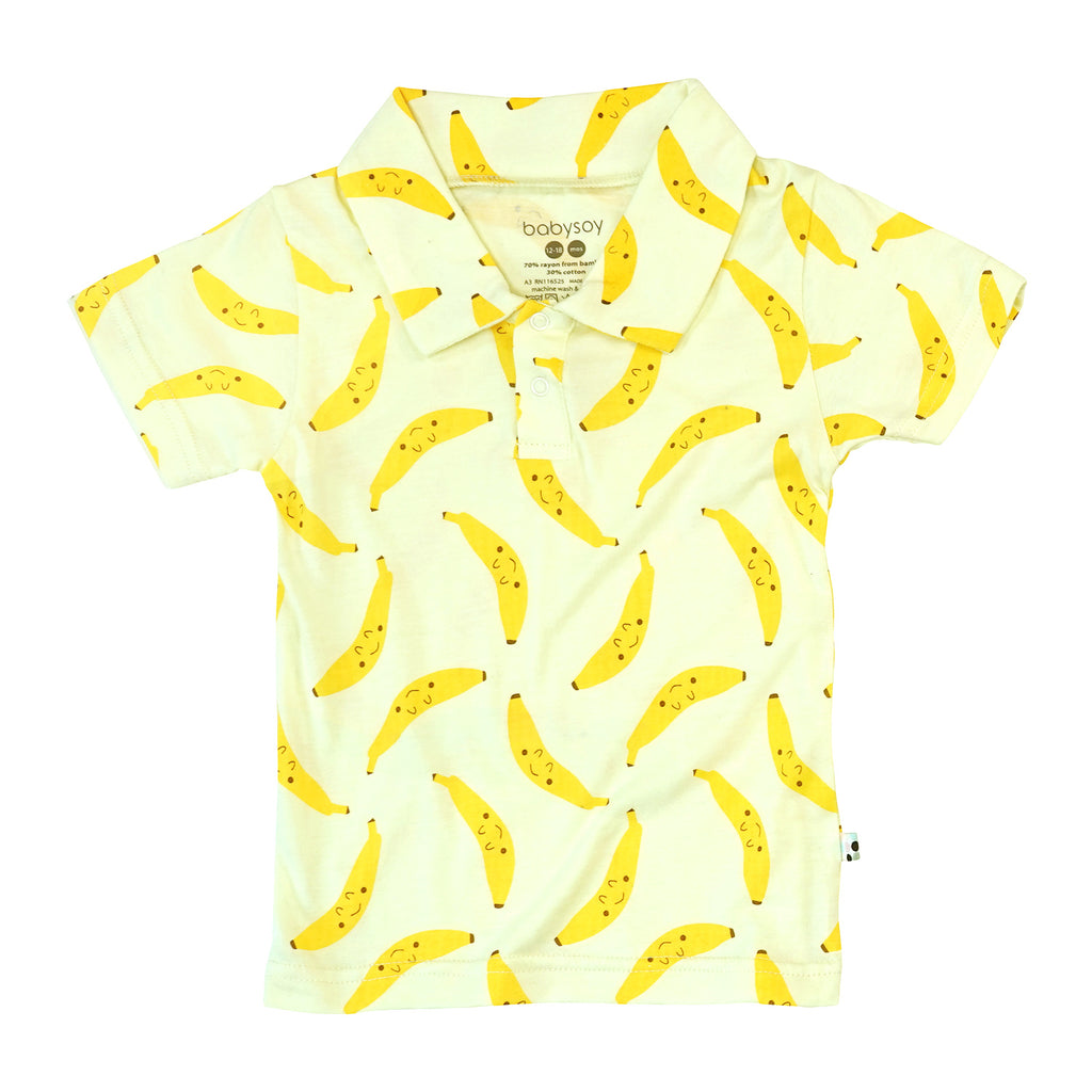 Organic Baby Toddler Pattern Short Sleeve Polo Tee shirt yellow bananas 18-24 Months