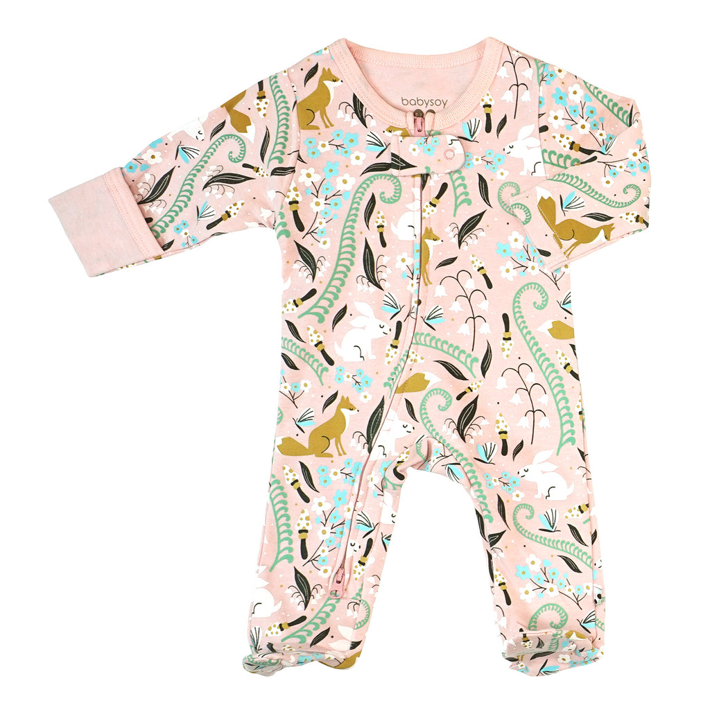 Baby organic footie sleepers pajamas fox rabbit peony pink 0-3 months