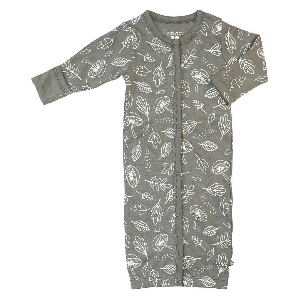 Baby snap gown sleep sack leaf pattern print in thunder grey color with mittens 0-3 Months