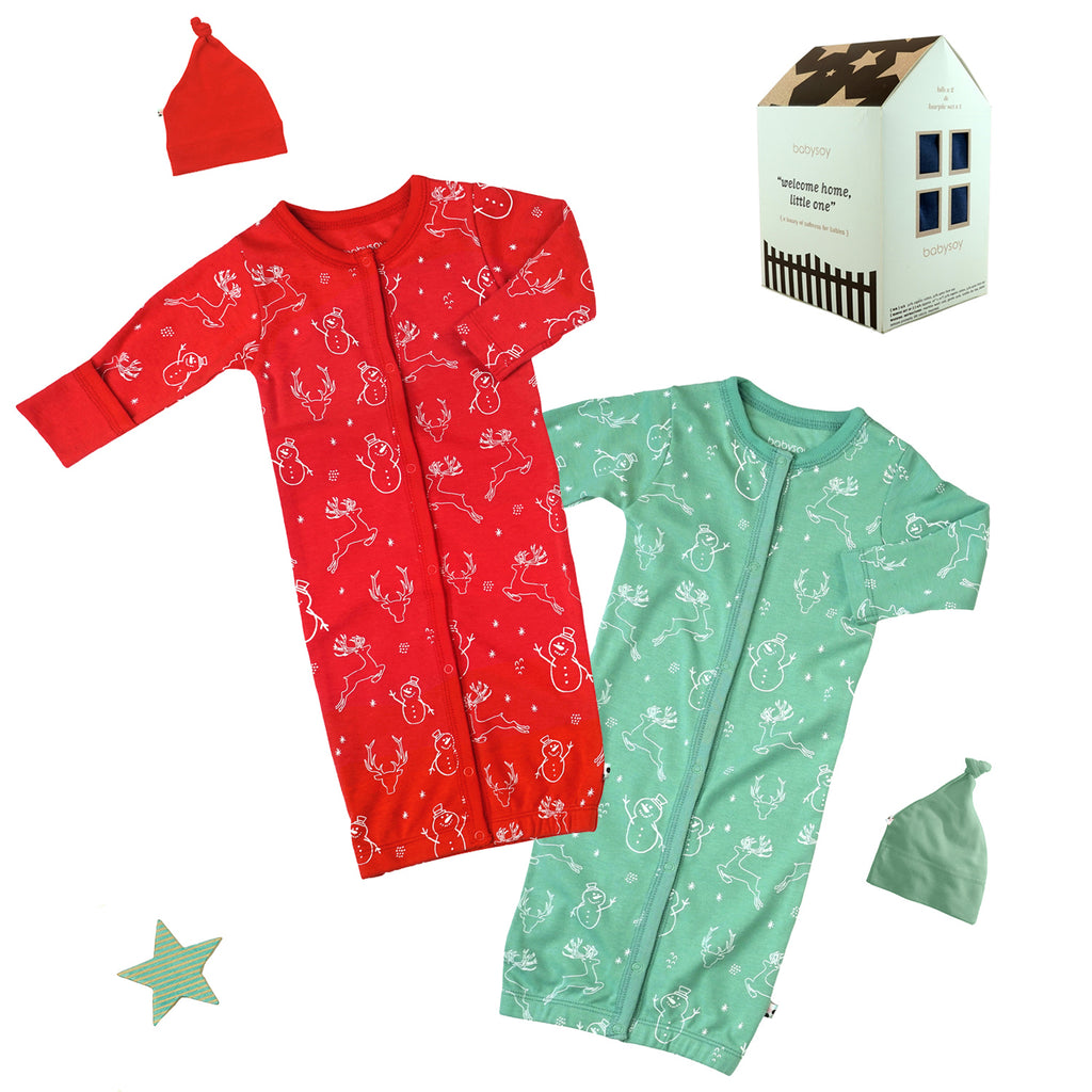 babysoy baby newborn snap gown sleeper holiday gift set snow red and green 0-18 months