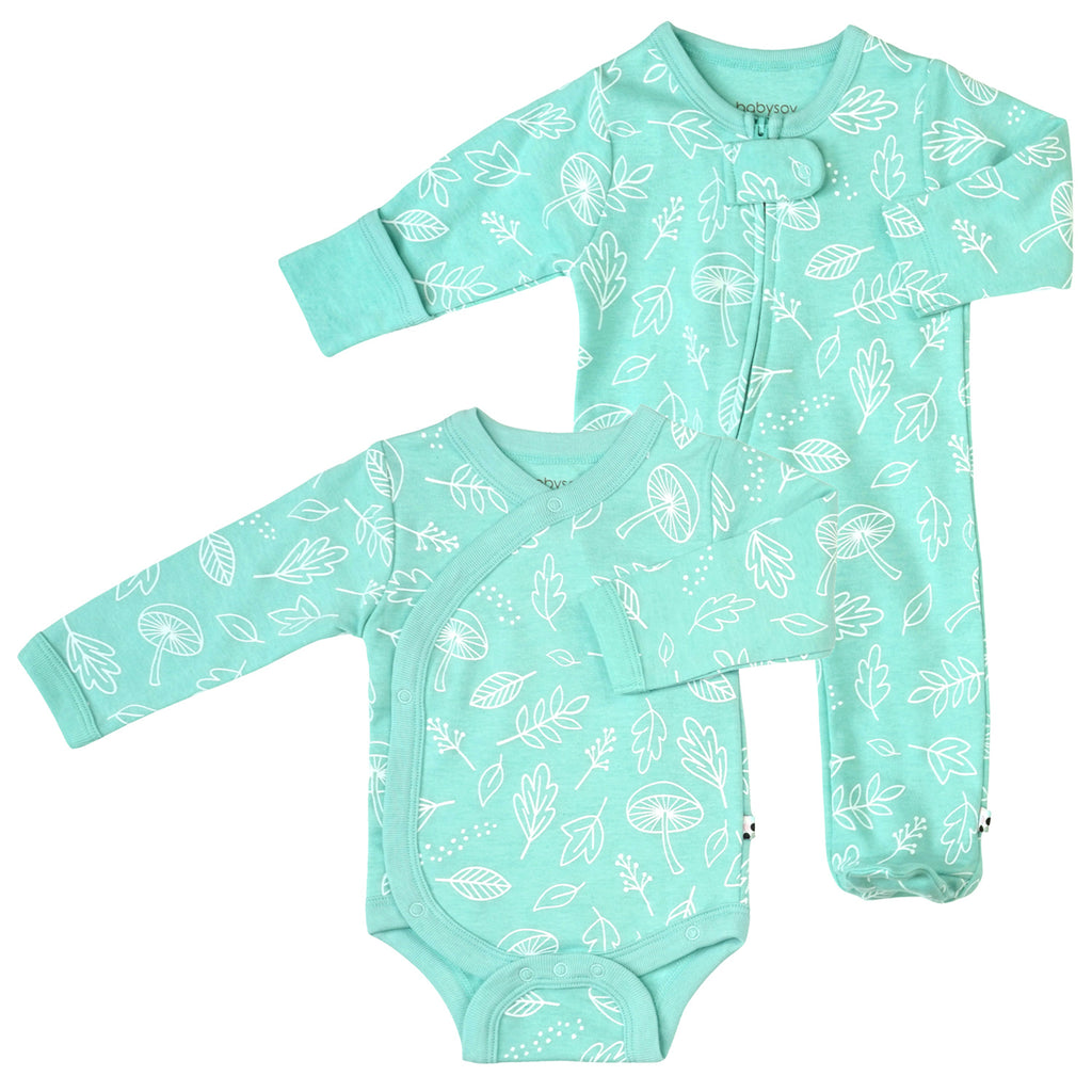 baby organic footie sleeper kimono bodysuit set harbor blue green leaf 0-3 months