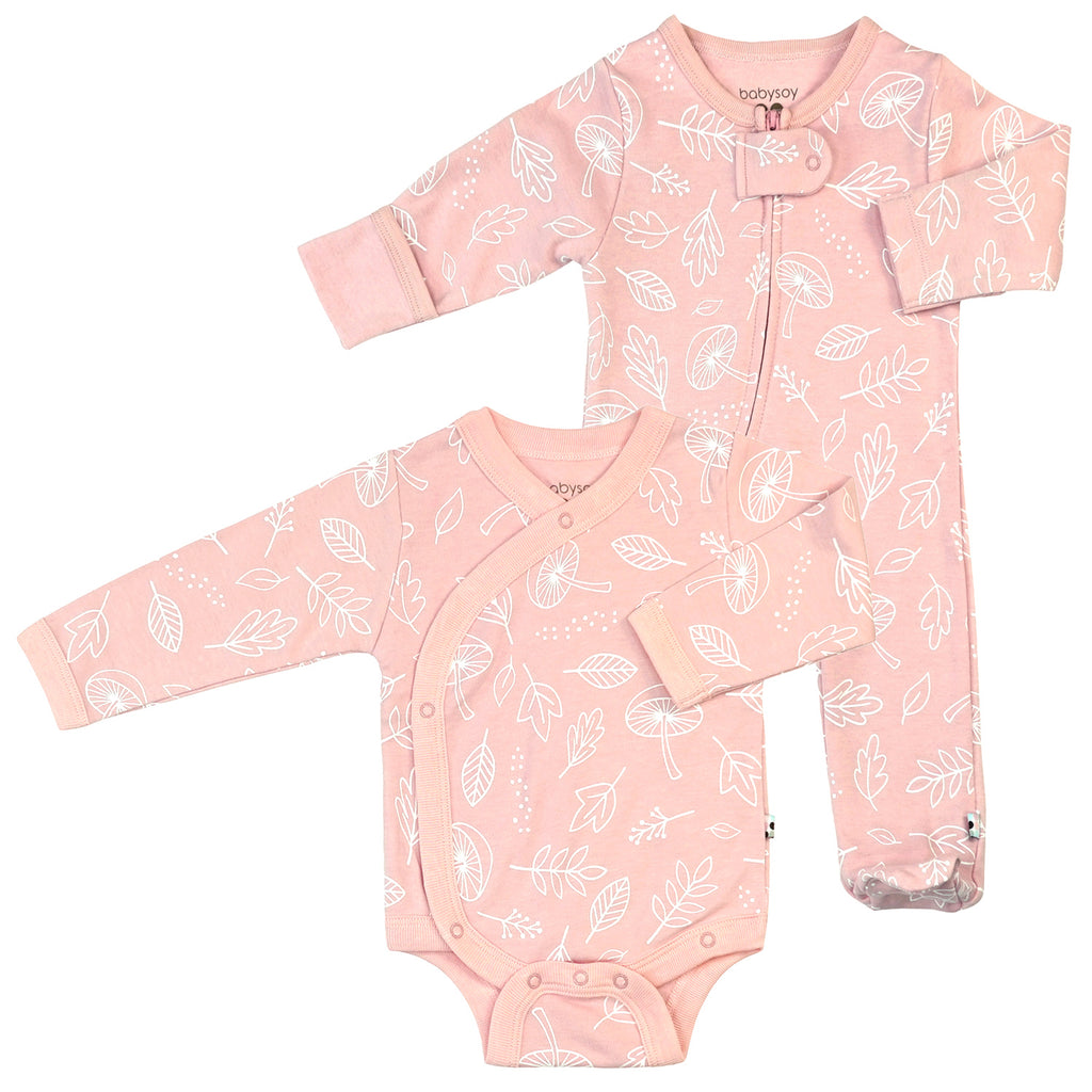 baby organic footie sleeper kimono bodysuit set pink leaf 0-3 months