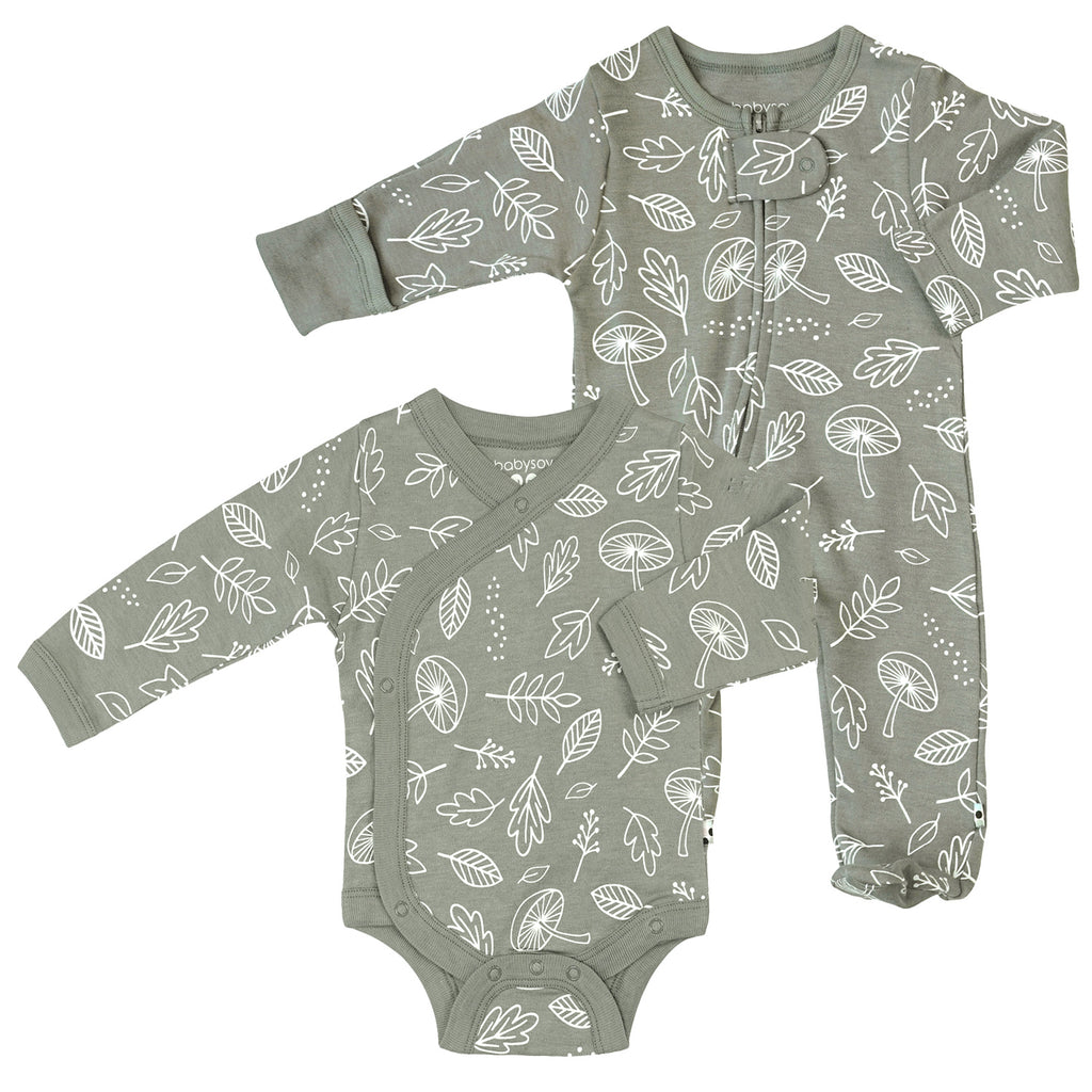 Newborn unisex baby organic footie sleeper & kimono onesie bodysuit set leaf grey print in blue 0-3 months