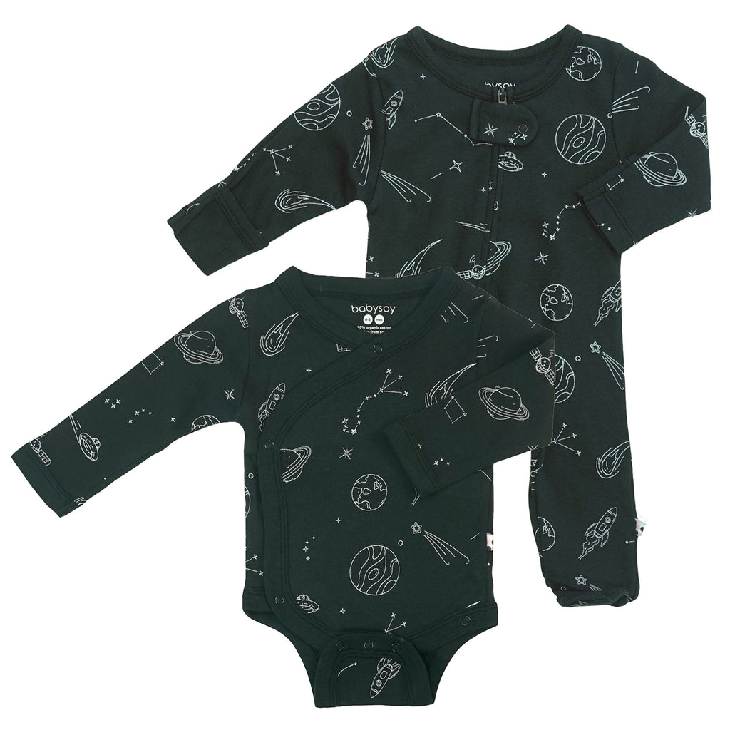 baby organic footie sleeper kimono bodysuit set space pattern black 0-3 months