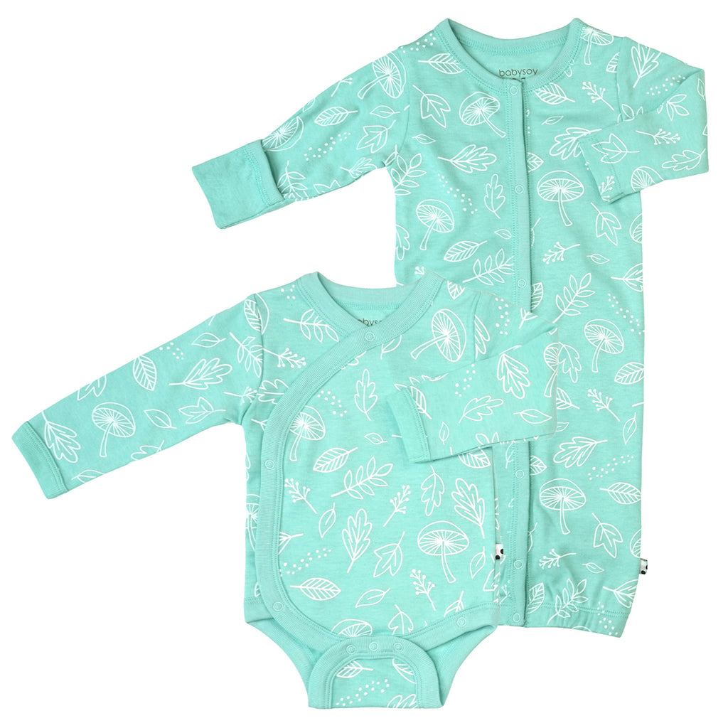 baby organic kimono bodysuit/onesie snap gown sleep sack 2 pc set leaf blue green 0-3 Months