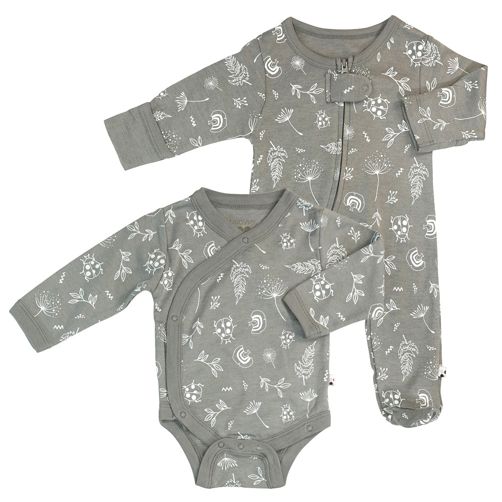 Newborn unisex baby organic footie sleeper & kimono onesie bodysuit set dandelions grey print in blue 0-3 months