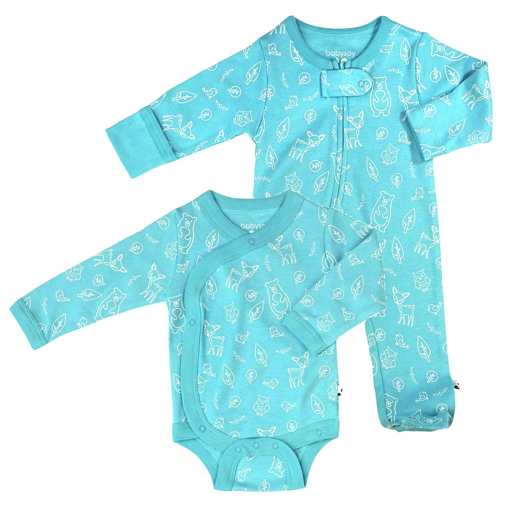 Newborn baby boy organic footie sleeper & kimono onesie bodysuit set forest animals print in blue 0-3 months