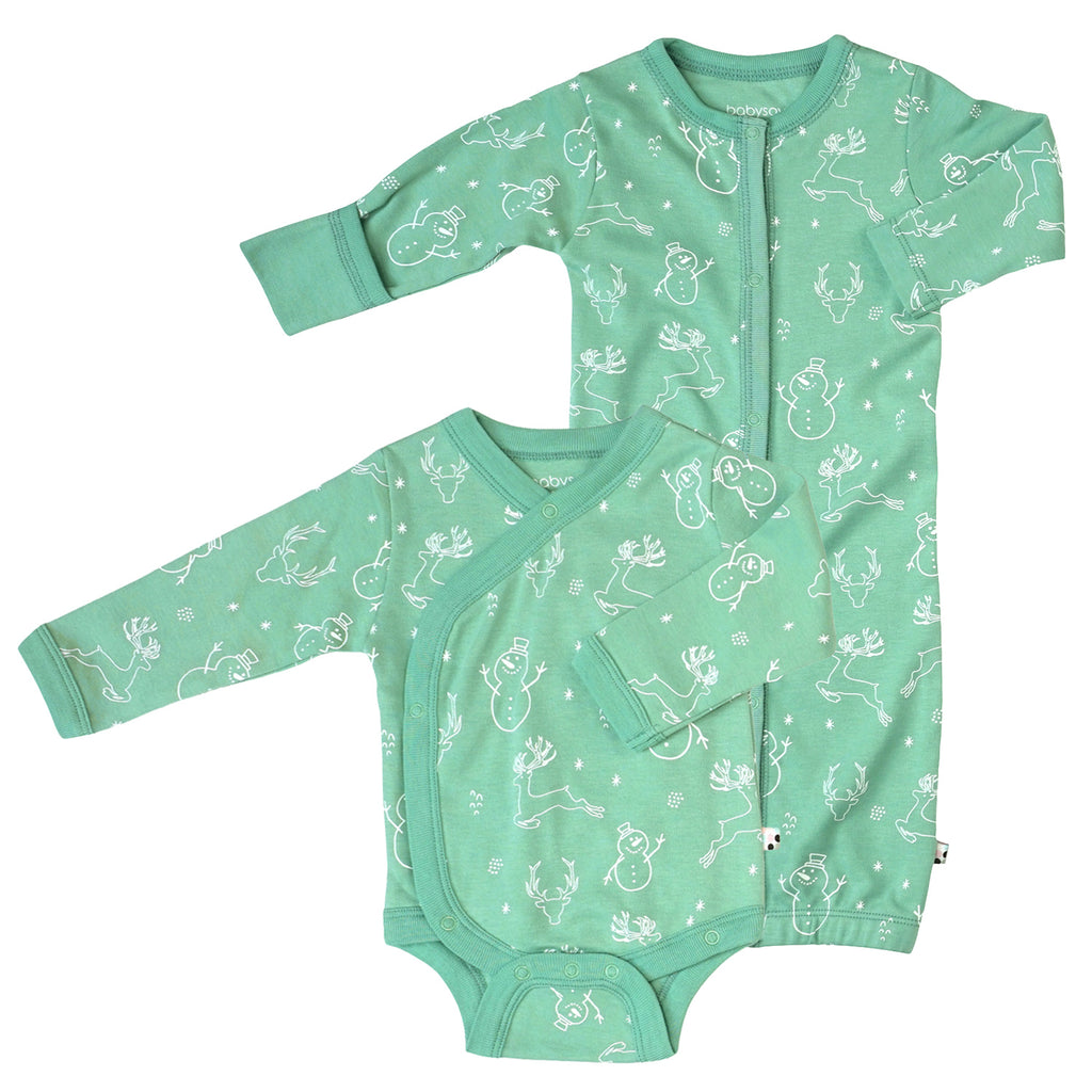 baby organic kimono bodysuit/onesie snap gown sleep sack 2 pc set snow christmas green 0-3 Month