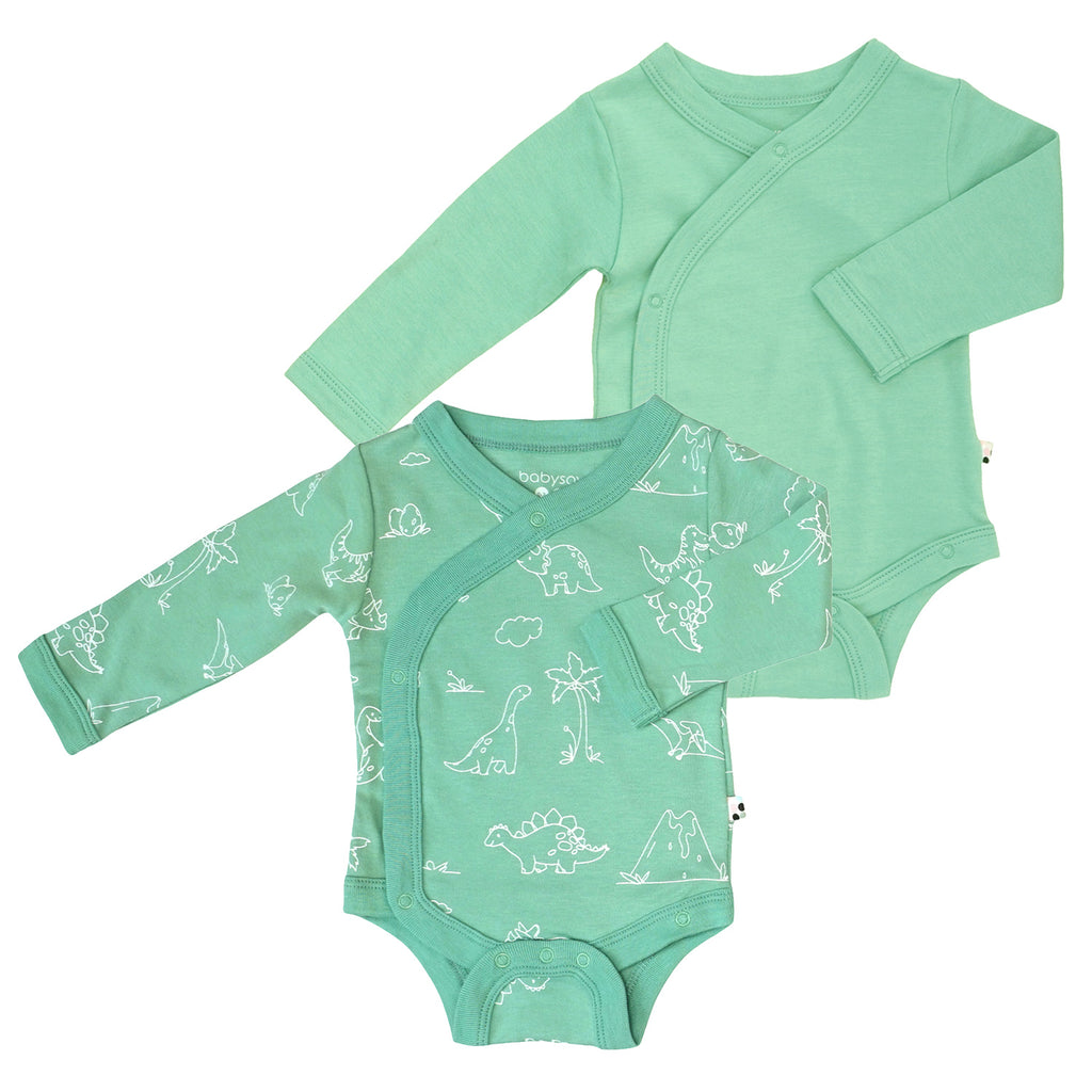 Baby Organic Solid and Dino Print Pattern Long Sleeve Baby Kimono Bodysuit/Onesie in Dragonfly Green 0-3 months pack of 2's