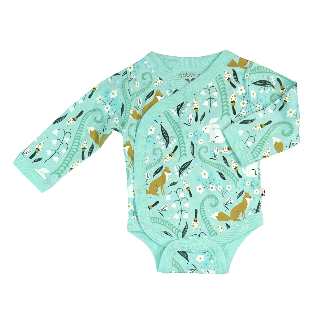 Organic Pattern Long Sleeve Baby Kimono Bodysuit/Onesie fox harbor blue green 3-6 Months