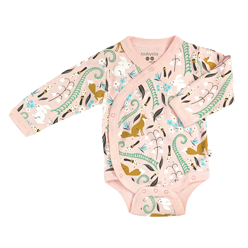 Organic Pattern Long Sleeve Baby Kimono Bodysuit/Onesie fox peony pink 6-12 Months