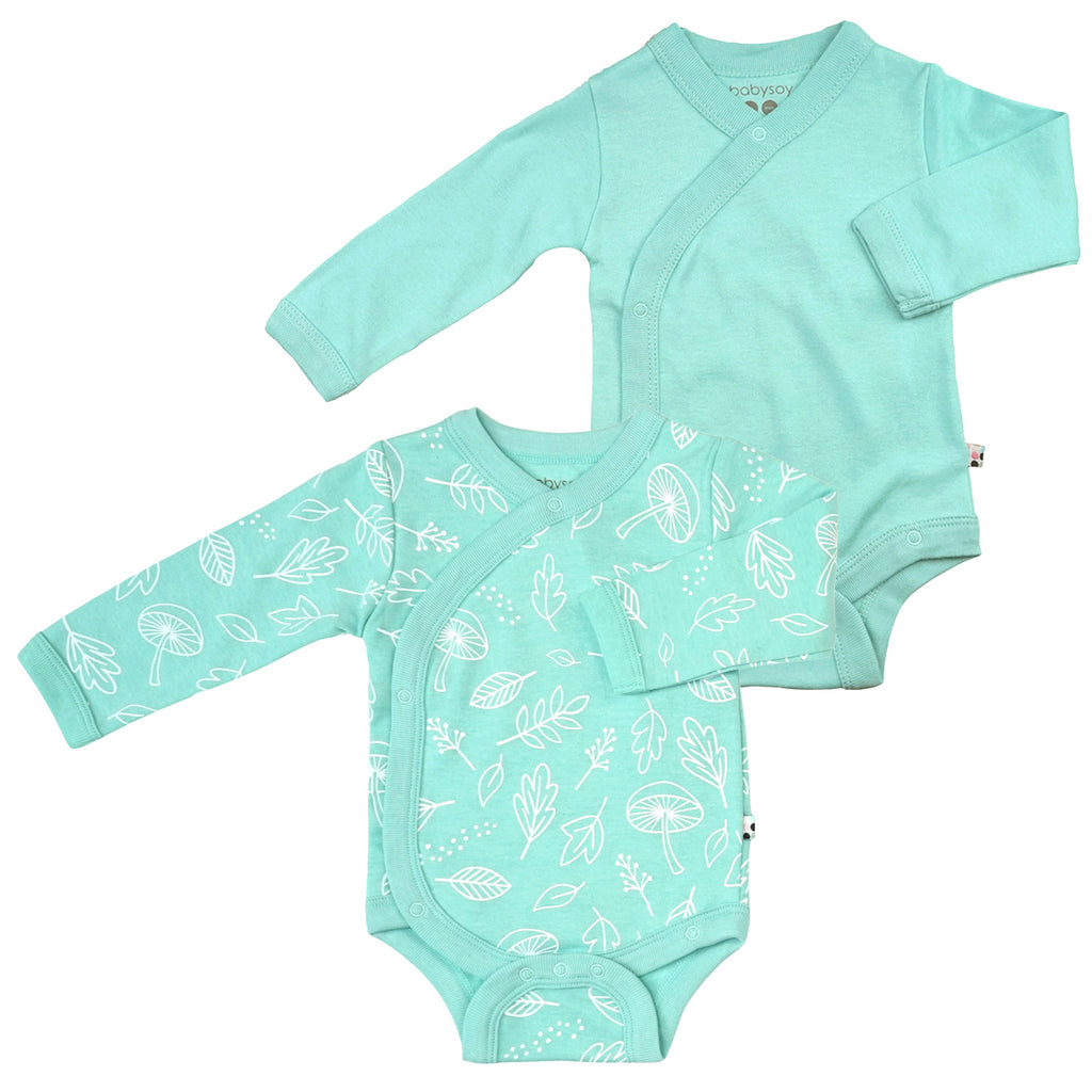 Baby Organic Solid and Leaf Print Pattern Long Sleeve Baby Kimono Bodysuit/Onesie in harbor green blue pack of 2's