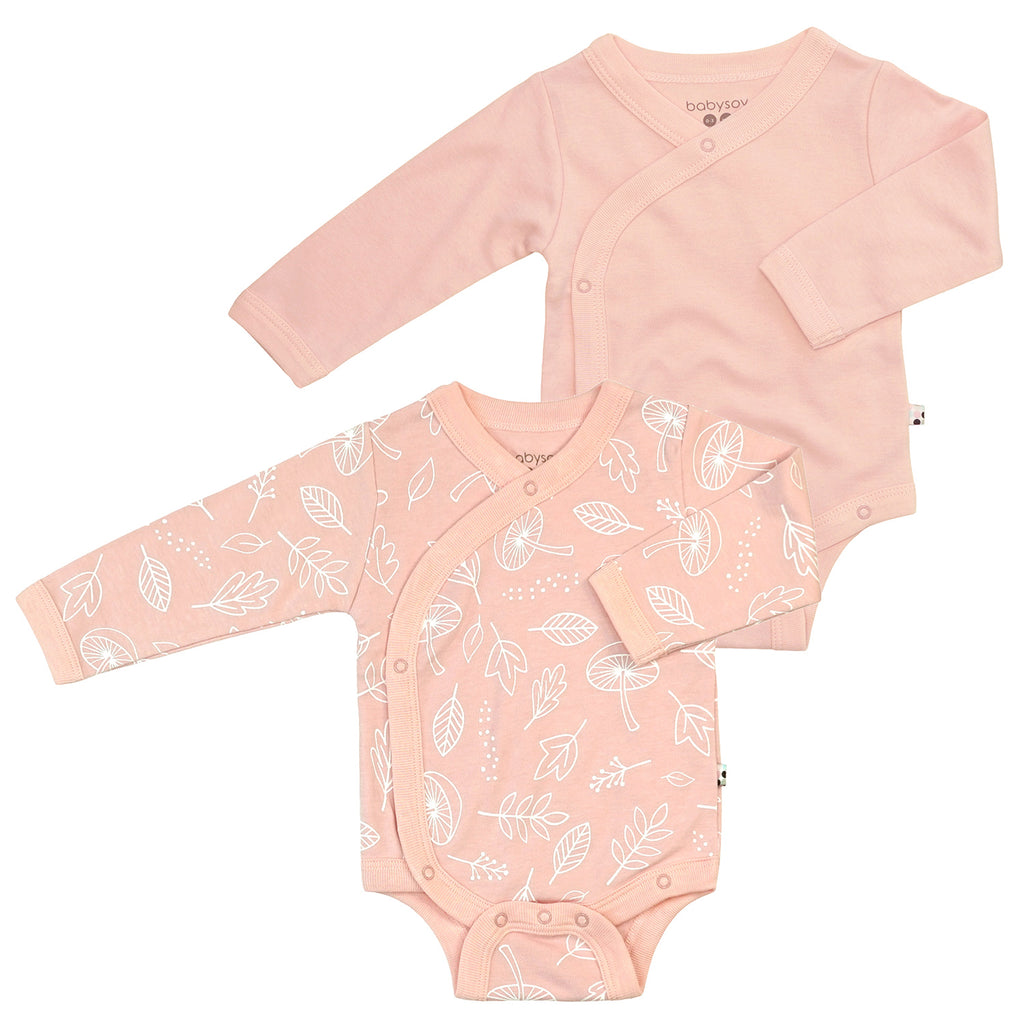 Baby Organic Solid and Leaf Print Pattern Long Sleeve Baby Kimono Bodysuit/Onesie in peony pink pack of 2's