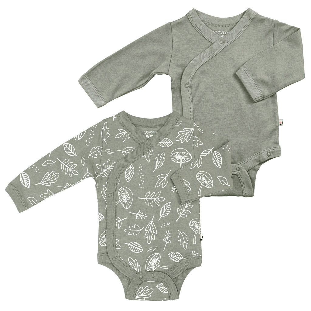 Baby Organic Solid and Leaf Print Pattern Long Sleeve Baby Kimono Bodysuit/Onesie in Leaf Thunder grey pack of 2's