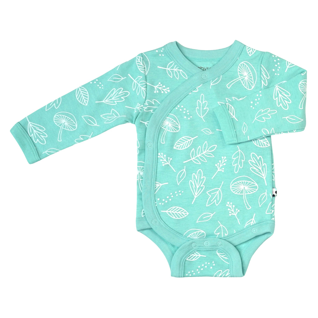 Organic Pattern Long Sleeve Baby Kimono Bodysuit/Onesie in leaf blue 0-3 Months