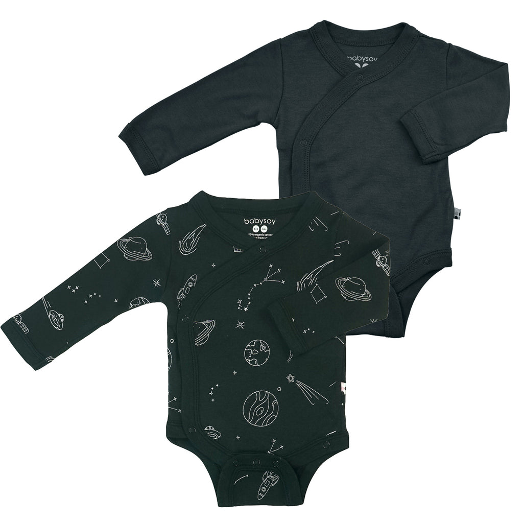 Baby Organic Solid and Space Print Pattern Long Sleeve Baby Kimono Bodysuit/Onesie in Black 0-3 months pack of 2's