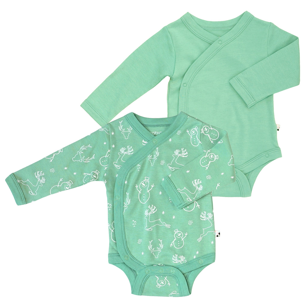 Baby Organic Solid and snow raindeer Print Pattern Long Sleeve Baby Kimono Bodysuit/Onesie in dragon green pack of 2's