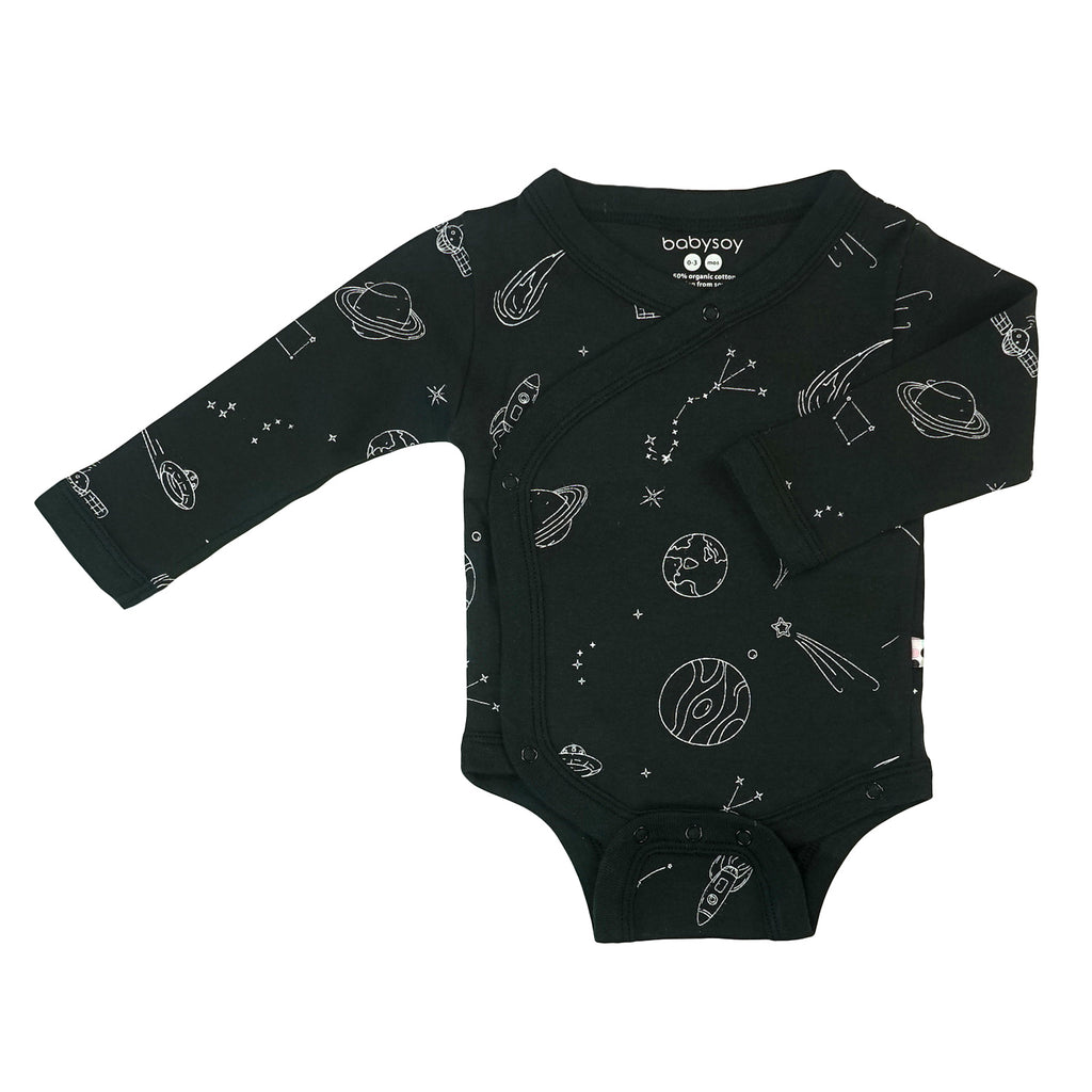 Organic Pattern Long Sleeve Baby Kimono Bodysuit/Onesie in space black 0-3 Months