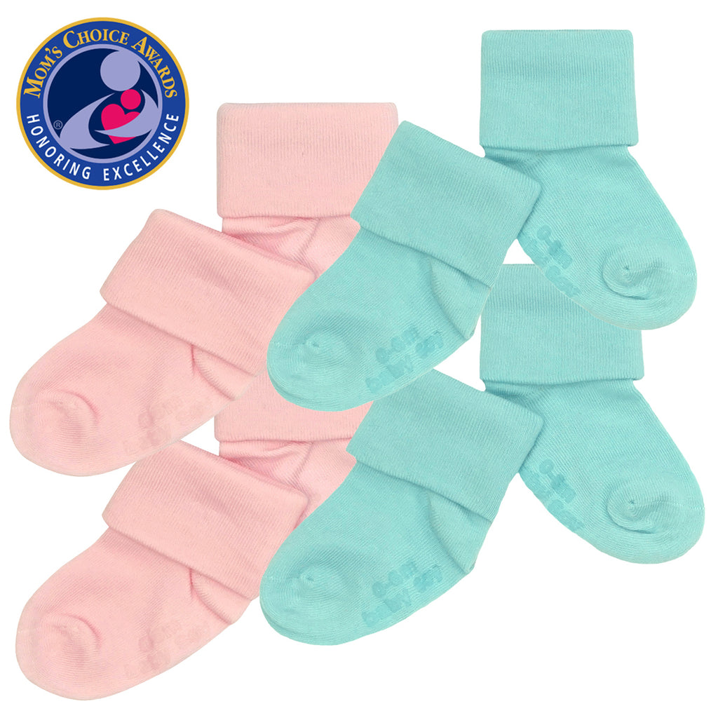 Babysoy BABY toddler newborn girl Stay on Socks with Grips- Set of 4 in green harbor and pink 0-6 months