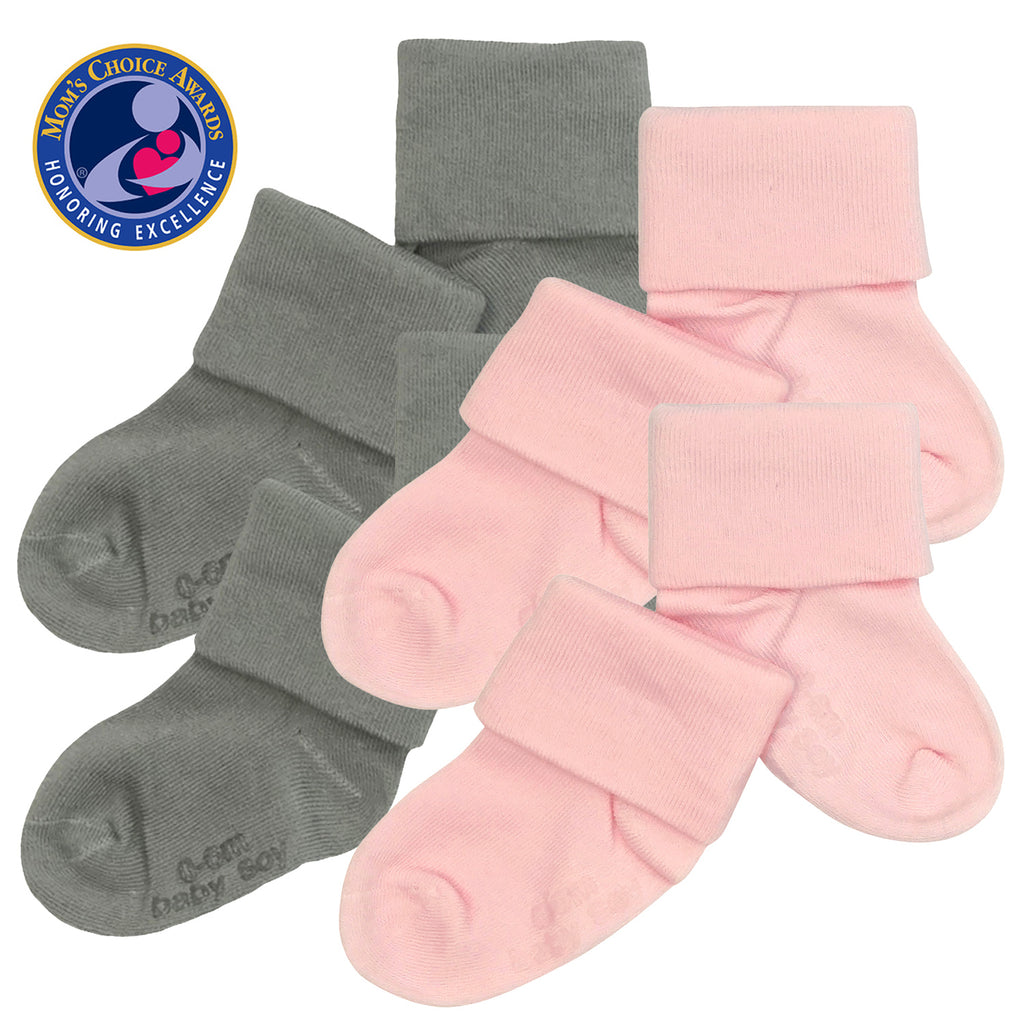 Babysoy BABY girl toddler newborn Stay on Socks with Grips- Set of 4 in pink and grey 0-6 months