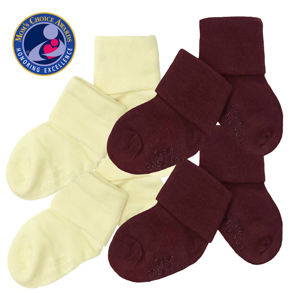 Babysoy BABY toddler newborn Stay on Socks with Grips- Set of 4 in soy and burgundy