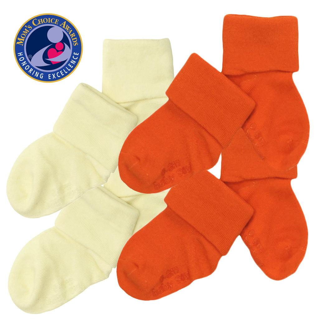 Babysoy BABY toddler newborn Stay on Socks with Grips- Set of 4 in soy white and orange