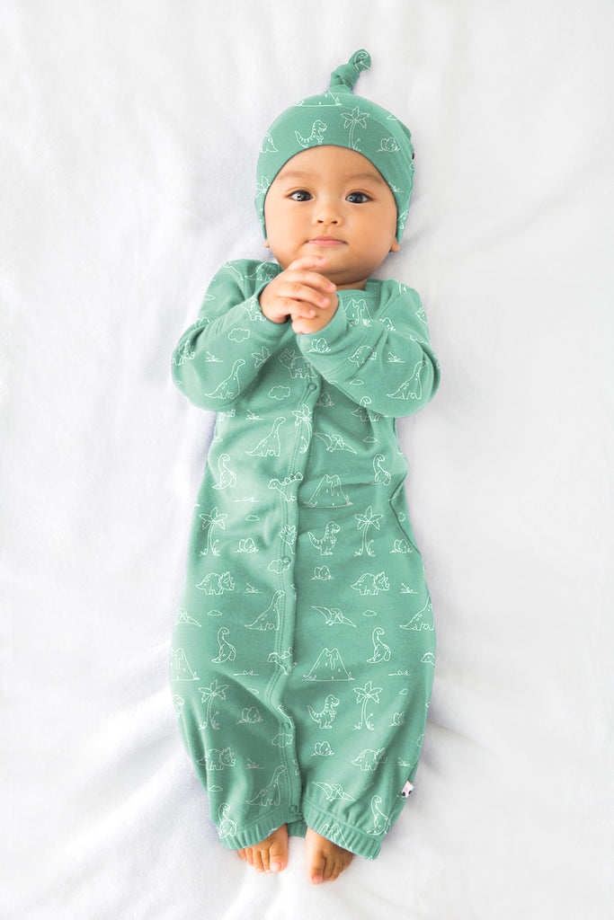 Baby boy snap gown sleeper sack dinosaurs print green with mittens 0-3 Months