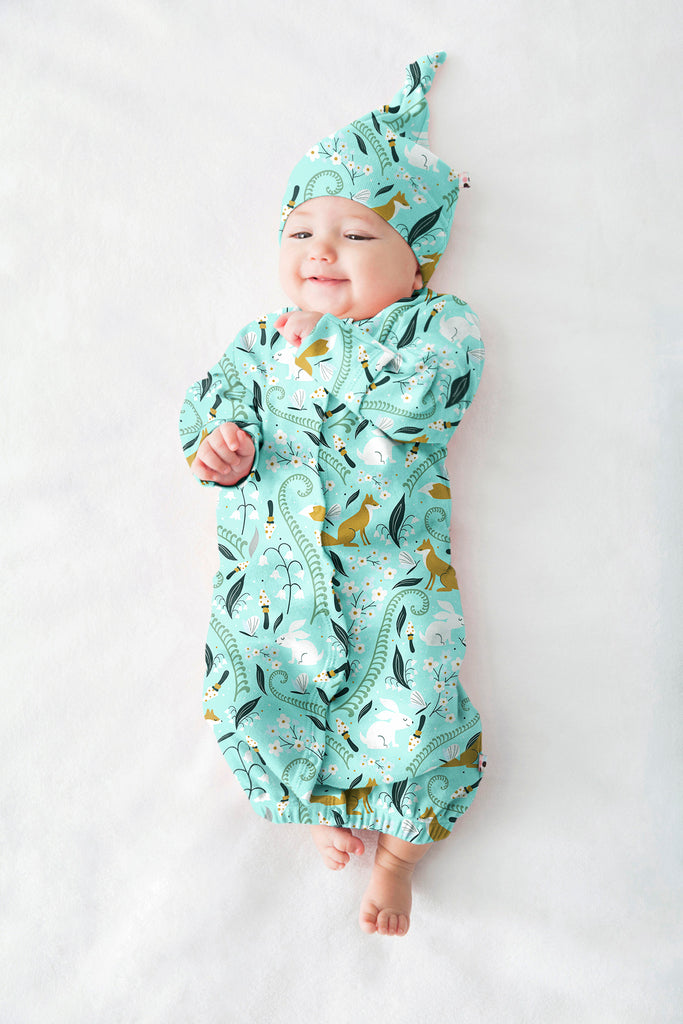 Baby boy snap gown sleeper sack fox pattern print harbor blue with mittens 3-6 Months