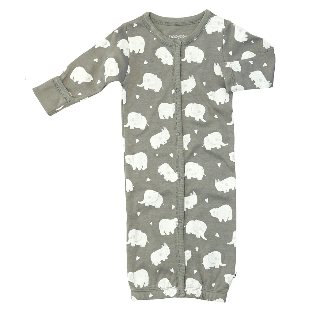 Baby snap gown sleep sack with animal elephant pattern print in thunder grey color with mittens