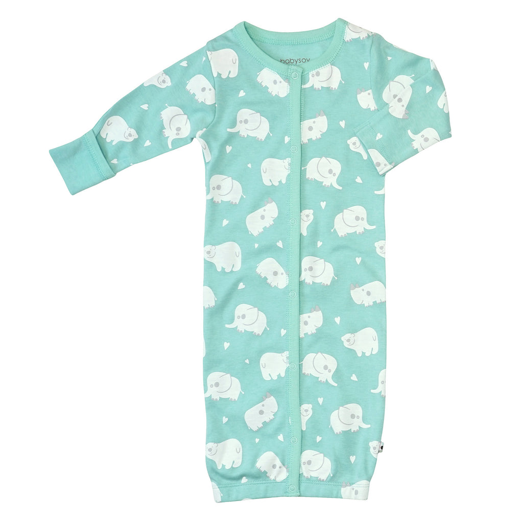 Baby snap gown sleep sack elephant rihno pattern print in green blue harbor color with mittens 0-3 Months
