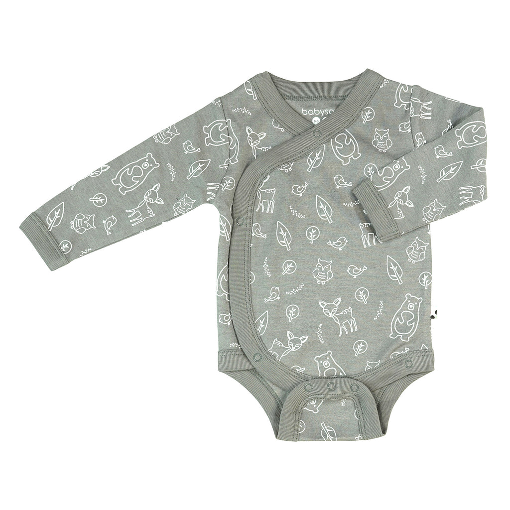 Organic Pattern Long Sleeve Baby Kimono Bodysuit/Onesie forest animal grey 3-6 Months
