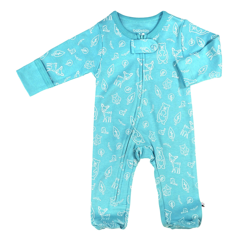 Newborn Baby organic footie sleepers pajamas forest animal blue pattern 3-6 months