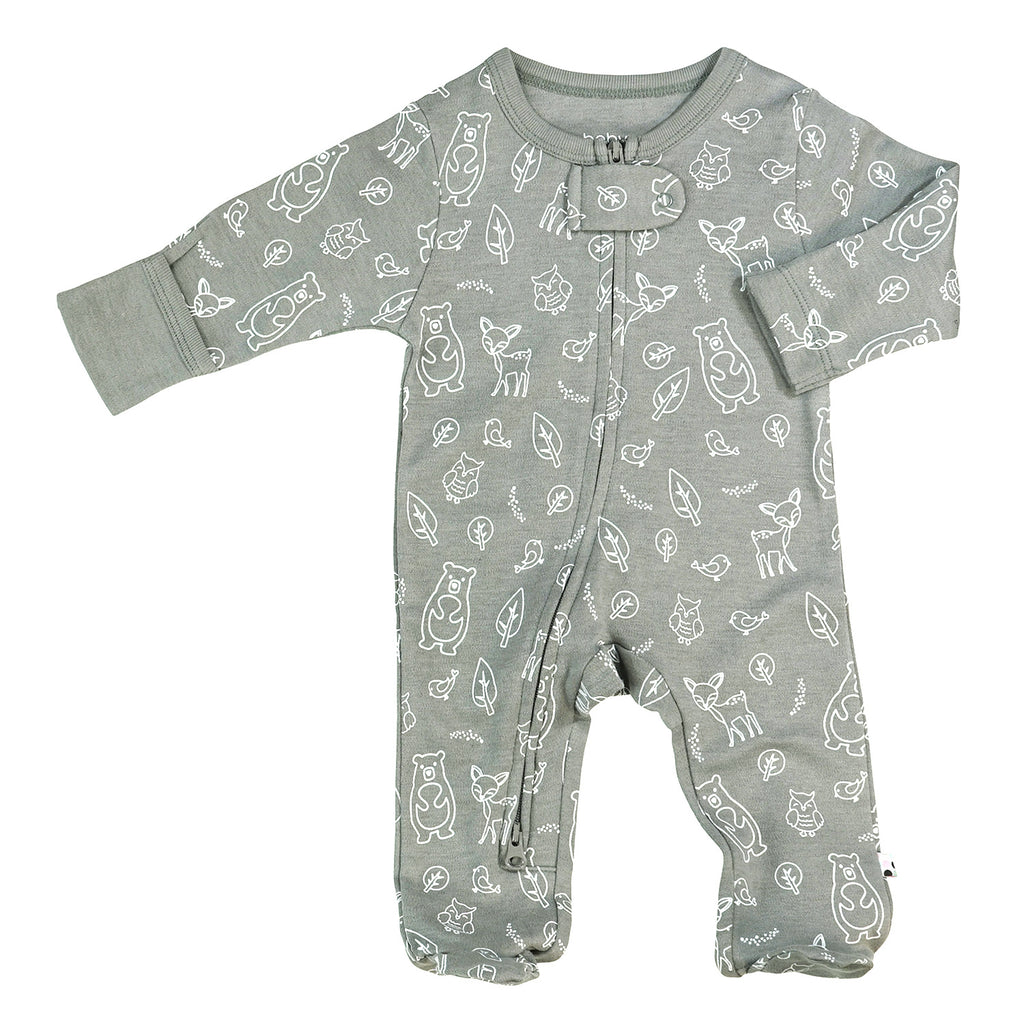 Newborn Baby organic footie sleepers pajamas forest animal grey pattern 3-6 months