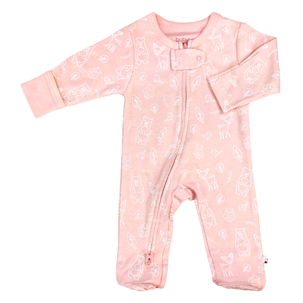 Newborn Baby organic footie sleepers pajamas forest animal peony pink pattern 3-6 months