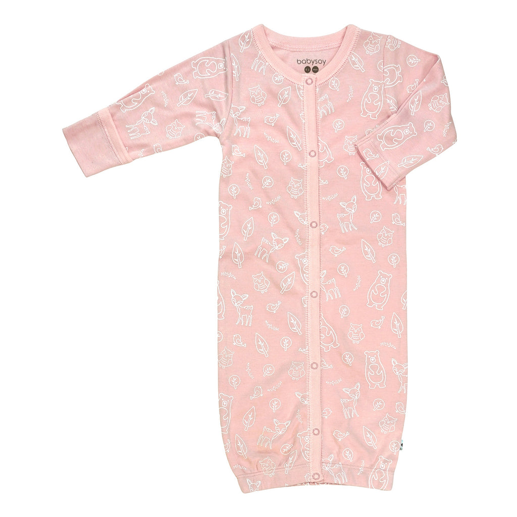 Baby newborn snap gown sleep sack with forest animals pattern print in pink color with mittens