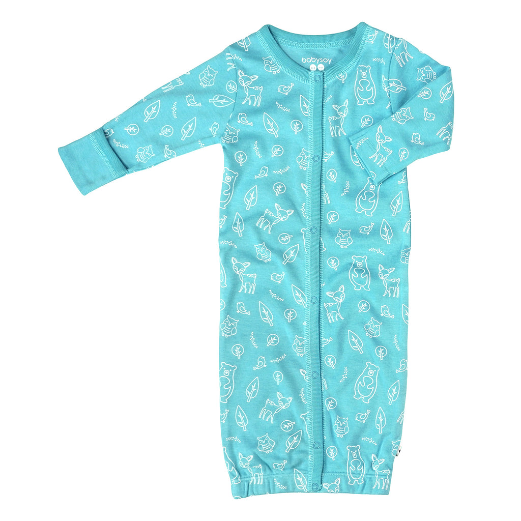 Baby newborn snap gown sleep sack with forest animals pattern print in blue color with mittens